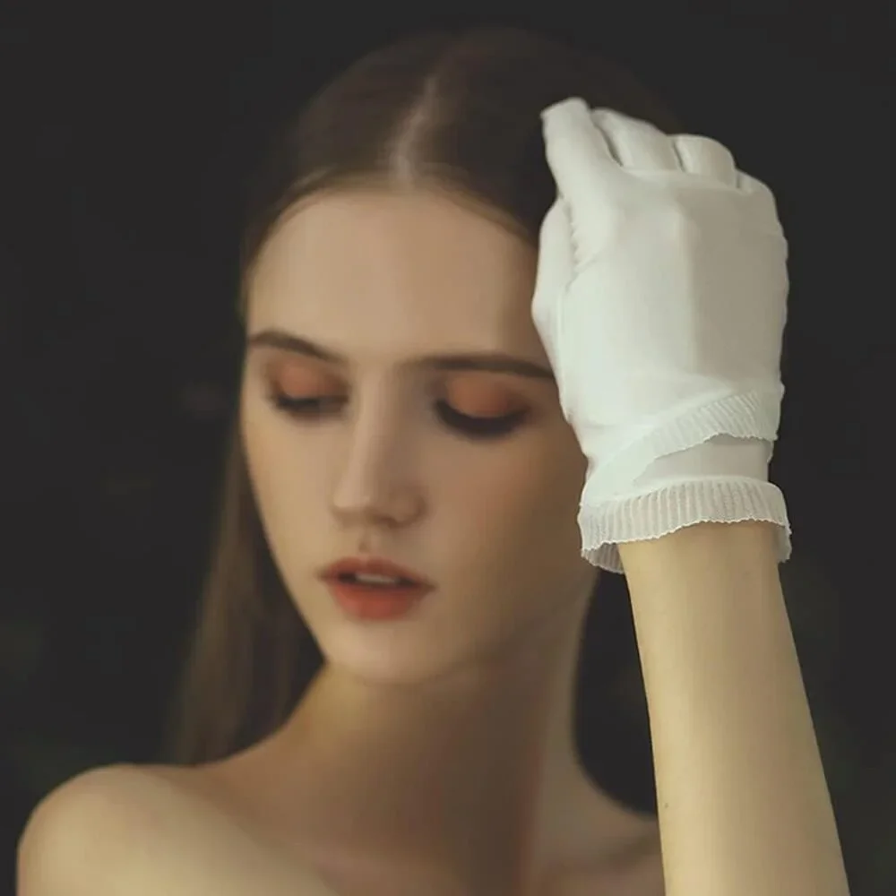 Women's White Short Length Satin Wrist Gloves Stretchy Wedding Party Prom